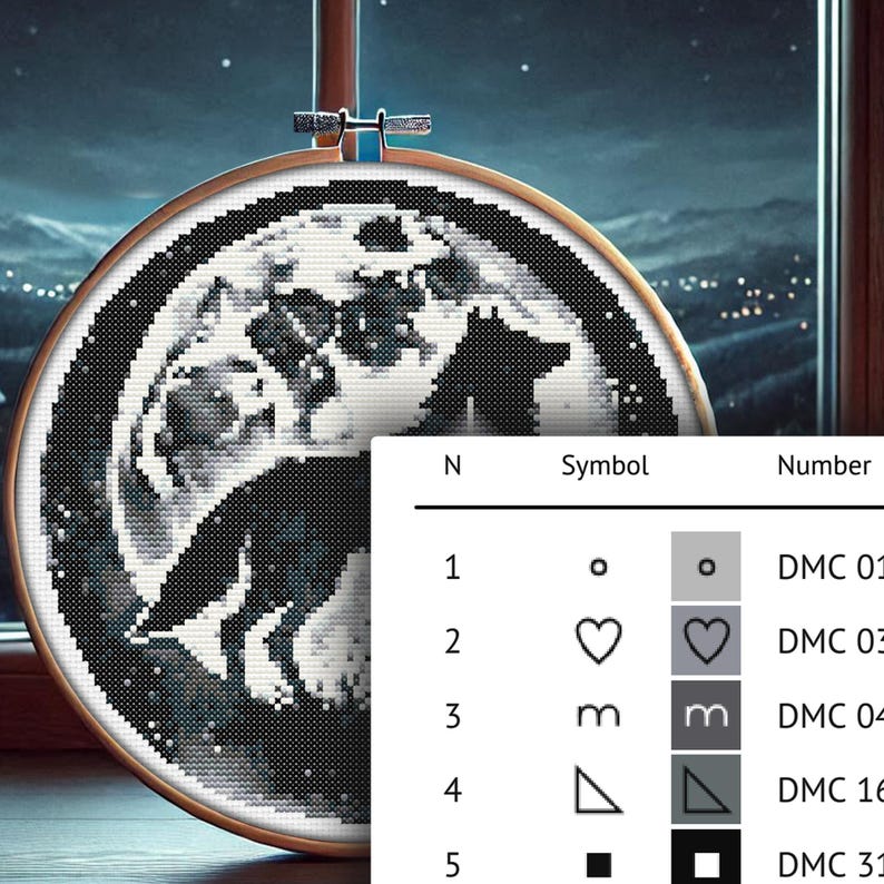 May include: A black and white cross-stitch pattern of a wolf howling at the moon. The pattern includes a key with five symbols and their corresponding DMC floss colors.