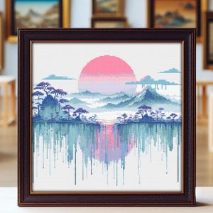 Japanese Landscape Cross Stitch Pattern: Watercolor Embroidery (Digital PDF)