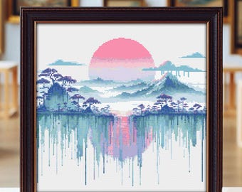 Japanese Landscape Cross Stitch Pattern: Watercolor Embroidery (Digital PDF)