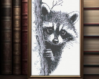 Racoon Cross Stitch Pattern: Black & White Embroidery (PDF Download)