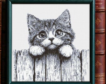 Kitten Cross Stitch Pattern, Black and white cat embroidery Pattern Instant Download PDF, Digital PDF Hand Embroidery Design to Download
