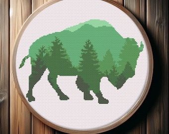 Bison und Wald Kreuzstichmuster