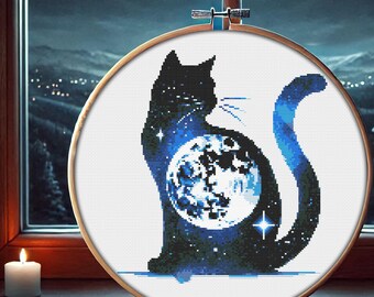 Cat & Moon Cross Stitch Pattern: Silhouette Embroidery Design (PDF)