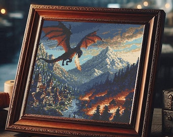 Dragon Cross Stitch Pattern: Fantasy Landscape Embroidery (PDF Pattern)