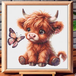 May include: A cute, brown and white Highland cow calf with big, brown eyes and a pink flower in its ear. The calf is sitting on a white background with a pink and white butterfly to the left.