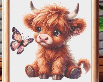 Highland Cow and Butterfly Cross Stitch Pattern (PDF Download)