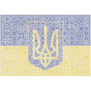 May include: A detailed, pixelated representation of the Ukrainian flag. The top half is blue, the bottom half is yellow, and a gold trident emblem is centered. The design incorporates a mosaic pattern with geometric and floral motifs.