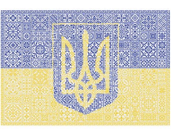 Quaker Sampler Cross Stitch Ukraine Flag tiled patchwork squares patriotic design,  PDF counted chart