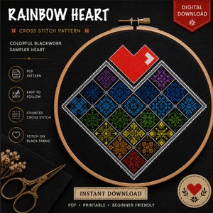 Puede incluir: Un patrón de punto de cruz titulado Rainbow Heart que muestra una forma de corazón compuesta por cuadrados geométricos coloridos sobre tela negra en un bastidor de madera, con texto como Digital Download, PDF Pattern e Instant Download.