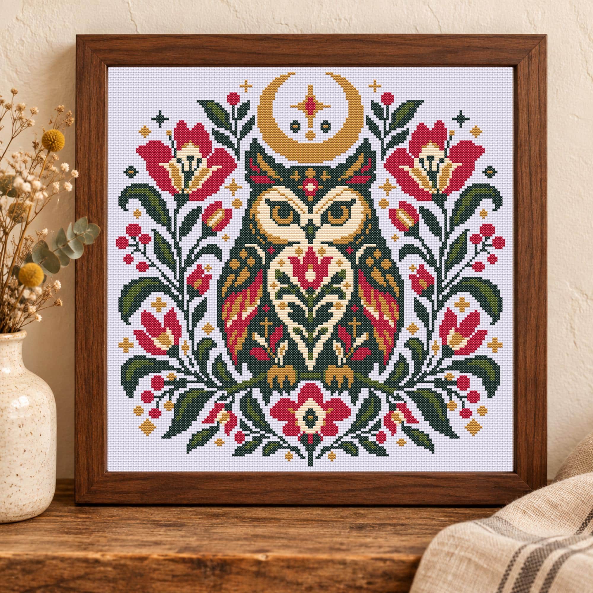 Folk Art Owl Cross Stitch Pattern PDF, Crescent Moon and Flowers, Woodland Embroidery, Color and Bla