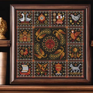May include: Framed cross-stitch artwork with a black background and gold, red, and white geometric patterns. The design includes geese, roosters, and houses, arranged in a grid. The artwork is enclosed in a dark brown wooden frame. The frame is made of wood.