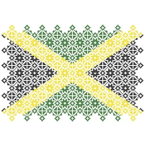 Cuadros de patchwork con diseño patriótico de la bandera de Jamaica, con diseño de Quaker Sampler Cross Stitch, gráfico contado en PDF
