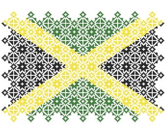 Quaker Sampler Cross Stitch Jamaica Flag tiled patchwork squares patriotic design, PDF counted chart