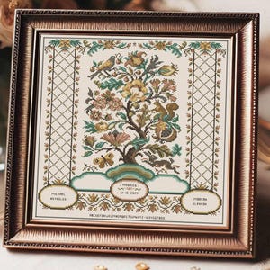 Könnte beinhalten: Eine Kreuzstich-Stickerei, die einen stilisierten Baum mit Vögeln, Eichhörnchen und Schmetterlingen zeigt. Der Baum ist von einem Rand aus Blumen und Blättern umgeben. Der Text "Married 12-10-2023" wird über dem Baum angezeigt, und die Namen "Michael Reynolds", "Morgan Glennon" werden unter dem Baum angezeigt.
