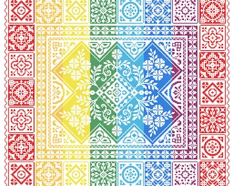 Schema punto croce Quaker Sampler: Patchwork arcobaleno, arte popolare (download PDF)