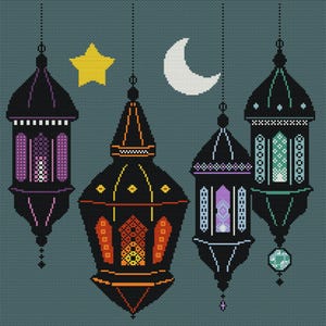 May include: Five ornate hanging lanterns with intricate designs and colourful glass panels. The lanterns are suspended from a dark blue background with a crescent moon and a yellow star.