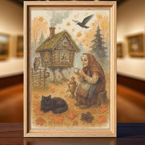 May include: Framed artwork depicting a whimsical scene. A woman in a headscarf sips tea near a samovar. A black cat rests on the ground, surrounded by autumn leaves. A house on chicken legs, an owl, and a crow complete the folk art image.