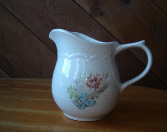 Vintage Farm Pitcher  Floral  Container    Kitchen Decor White ceramic with flowers  7 by 6 inches