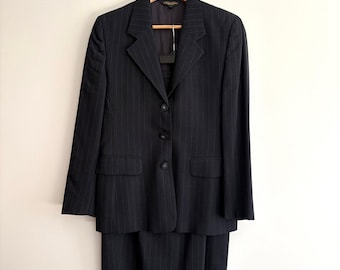 Klasyczny garnitur Brooks Brothers w szarą wełnę w prążki, damski, z lat 90., w stylu korporacyjnym
