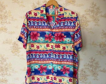 Chemise boutonnée à manches courtes Alfred Dunner hibiscus hawaïen vintage des années 90