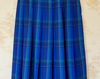 Vintage 80s Pendleton Blue & Pink Plaid Wool Pleated Skirt Preppy Academia