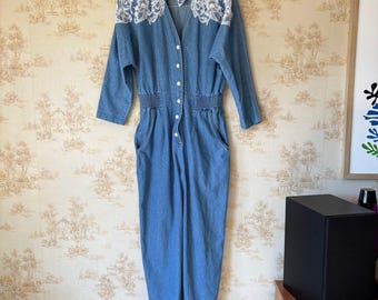 Vintage 80s Bingo! Denim Jumpsuit Womens M Blue Lace Pearl Applique Kitsch Retro