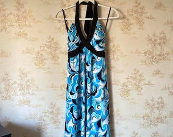 Vintage Y2K Dressbarn blue white black retro floral paisley halter mini dress