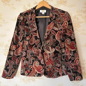 Blazer de terciopelo Talbots vintage de los 90, negro y dorado, estampado paisley, estilo preppy/whimsigoth, talla 6P
