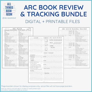 May include: A printable digital bundle for tracking and reviewing advanced reader copies (ARCs) of books. The bundle includes three pages: a book reading tracker, a book review form, and a "what I thought" page. The pages are designed with a black and white colour scheme and feature a simple, modern aesthetic.
