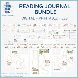 May include: A digital printable reading journal bundle with a watercolor illustration of books and plants. The bundle includes pages for reading goals, book reviews, book series tracking, and more. The text "Reading Journal Bundle" is at the top of the image.