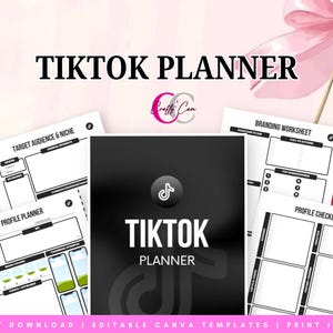 May include: A TikTok planner with a black and white cover featuring the TikTok logo. The planner includes worksheets for target audience, profile, and branding. The image has a pink background with a cherry and bow.