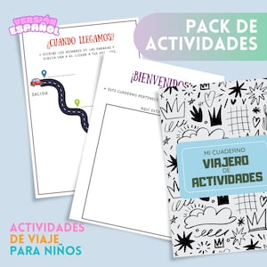 Pack actividades imprimibles para viajes con niños | Juegos y entretenimiento para avión coche y vacaciones | Cuaderno viajero reutilizable.