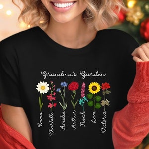 Custom shirts oma&#39;s tuin, gepersonaliseerd geboortebloem-shirt, mama&#39;s tuin met kleinkinderen, cadeau voor oma, kerst- en verjaardagscadeau