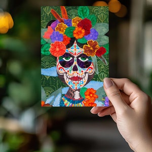 Cartão postal colorido La Catrina Sugar Skull - Reprodução de colagem de mídia mista Dia de los Muertos