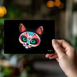 猫のシュガースカルポストカード - メキシコの民話愛好家のためのカラフルな死者の日のカラベラコラージュ複製