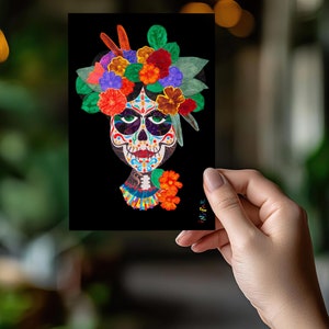 Cartão-postal Dia dos Mortos Caveira de Açúcar La Catrina - Dia de los Muertos Reprodução em Técnica Mista