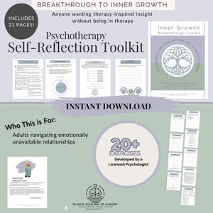 May include: A digital download titled "Psychotherapy Self-Reflection Toolkit" with 21 pages. The toolkit includes exercises developed by a licensed psychologist. Text includes "Breakthrough to Inner Growth" and "Instant Download."