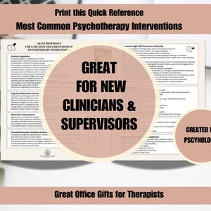 Op de afbeelding: Een afdrukbare snelreferentiegids voor therapeuten, met veelvoorkomende psychotherapie-interventies. De gids heeft de titel "Most Common Psychotherapy Interventions" en is gelabeld met "Geweldig voor nieuwe clinici en supervisors".