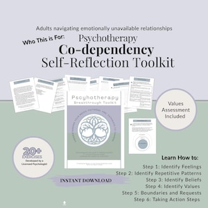 May include: A digital self-reflection toolkit for adults in emotionally unavailable relationships. The cover features a tree graphic and the text Psychotherapy Co-dependency Self-Reflection Toolkit. Includes 20+ exercises and a values assessment.