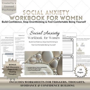 Può includere: Un quaderno di lavoro intitolato "Social Anxiety Workbook for Women" con il sottotitolo "Build Confidence, Stop Overthinking & Feel Comfortable Being Yourself". La copertina presenta testo e uno sfondo di bolle. Include fogli di lavoro per trigger, pensieri, evitamento e costruzione della fiducia.