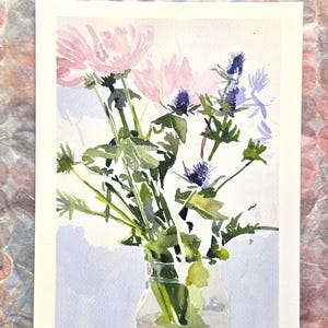 Fine art prints of Original Watercolor Painting: Sea Holly and Gerbera, Impressionist Floral Artwork