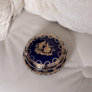 Vintage LIMOGES France Cobalt Blue Gold Scene Galante Porcelain Trinket Dish