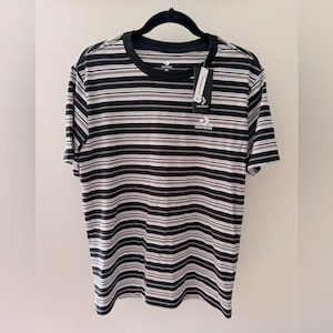 Y2K Skater Streetwear CONVERSE Black Grey White Striped Short Sleeve T-Shirt S