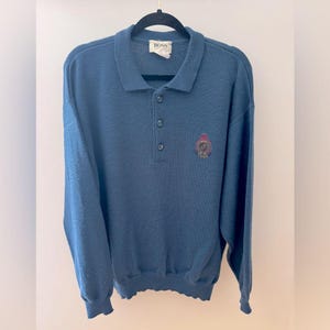 Vintage 1970s HUGO BOSS Men&#39;s Blue Pure New Wool Polo Sweater w/ Emblem Patch 50