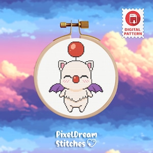 May include: A cross-stitch pattern of a white cartoon character with purple wings, a red nose, and a red sphere on its head, set in a wooden embroidery hoop. The words "PixelDream Stitches" are at the bottom. A digital pattern is available.