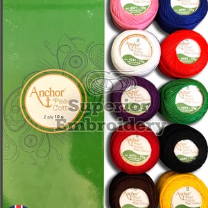 May include: A box of 10 Anchor Pearl Cotton embroidery thread spools in assorted colours. Each spool is 10 grams and labelled with the Anchor logo, "Pearl Cotton", "Fast Colour", and "Art. 4591-10g".