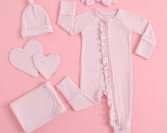 NICU Friendly Accessible Ruffled Baby Romper for Preemie Baby I Light Pink I Going Home Newborn Outfit I Baby Shower I Gender Reveal