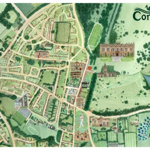 May include: A watercolour-style illustrated map of Corsham featuring a network of roads, green spaces, buildings, and a lake. The text Corsham is displayed in the top right corner, and a blue peacock with a fanned tail is in the bottom right.
