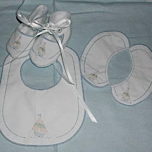 BRD In-the-hoop Machine Shadow Work Booties, Bib and Collar Sailboat Set