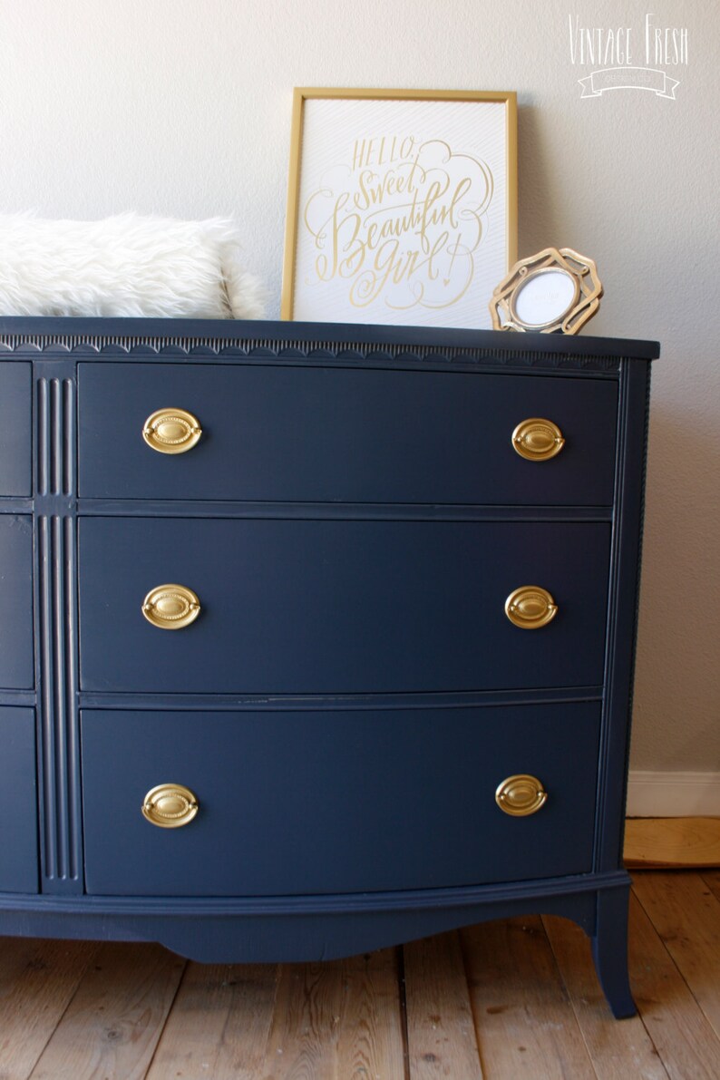 Painted Bow Front Dresser navy blue gold hardware Etsy